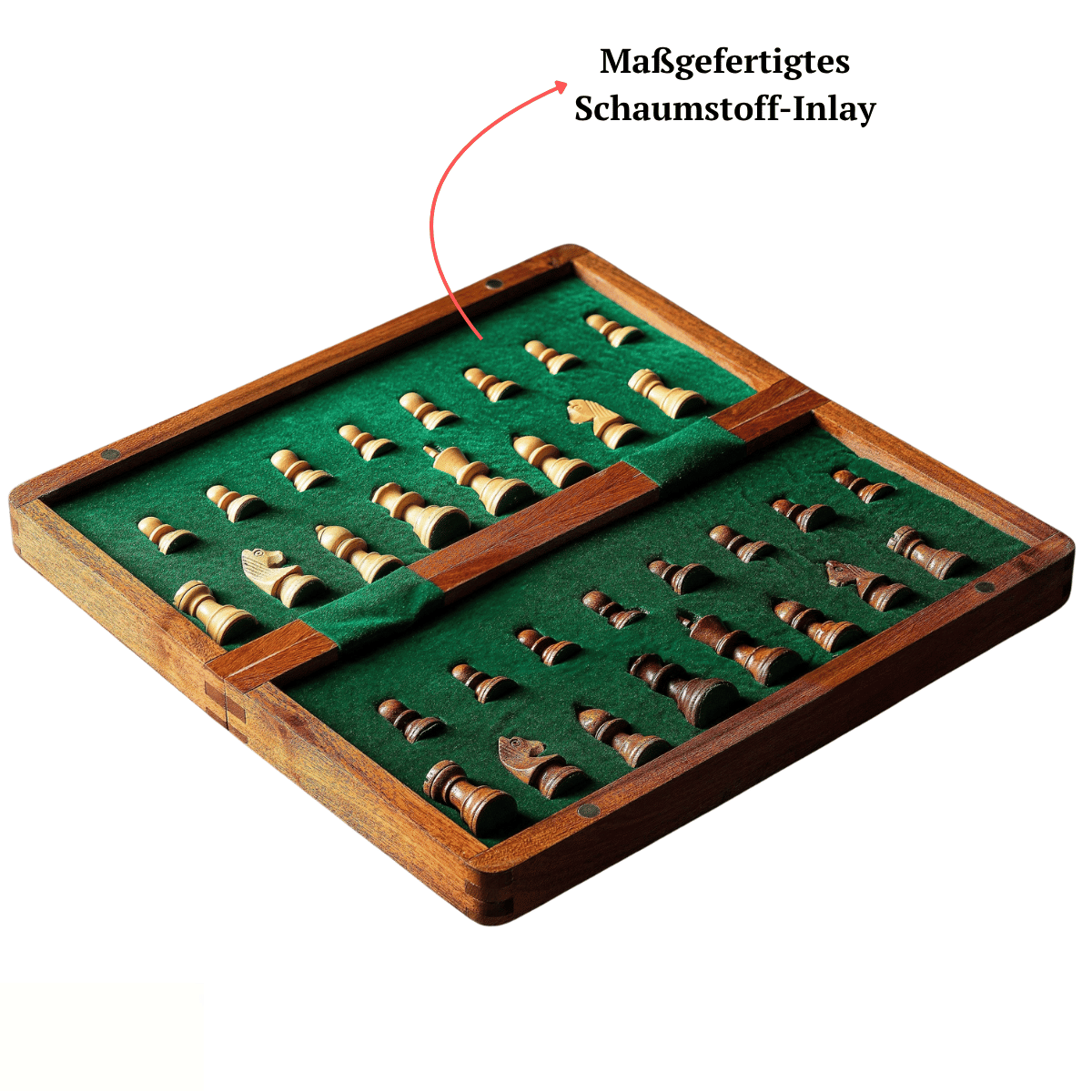 Geschlossenes Schachspiel mit Intarsien-Deckel, Schrägansicht