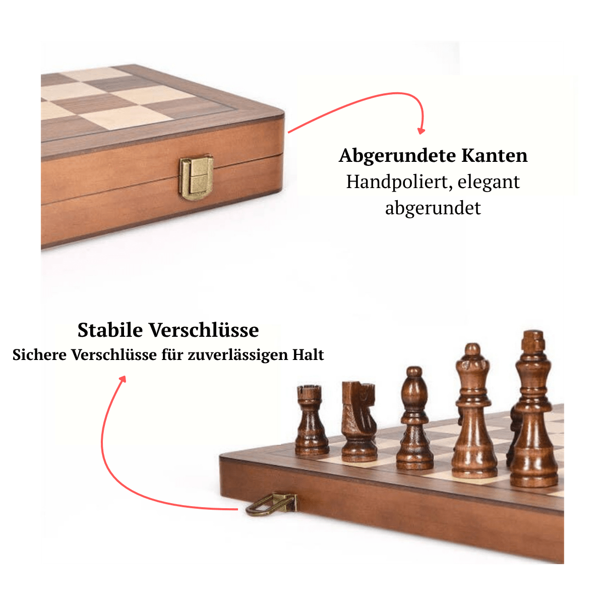 Reiseschach mit abgerundeten Kanten für elegante, hochwertige Verarbeitung