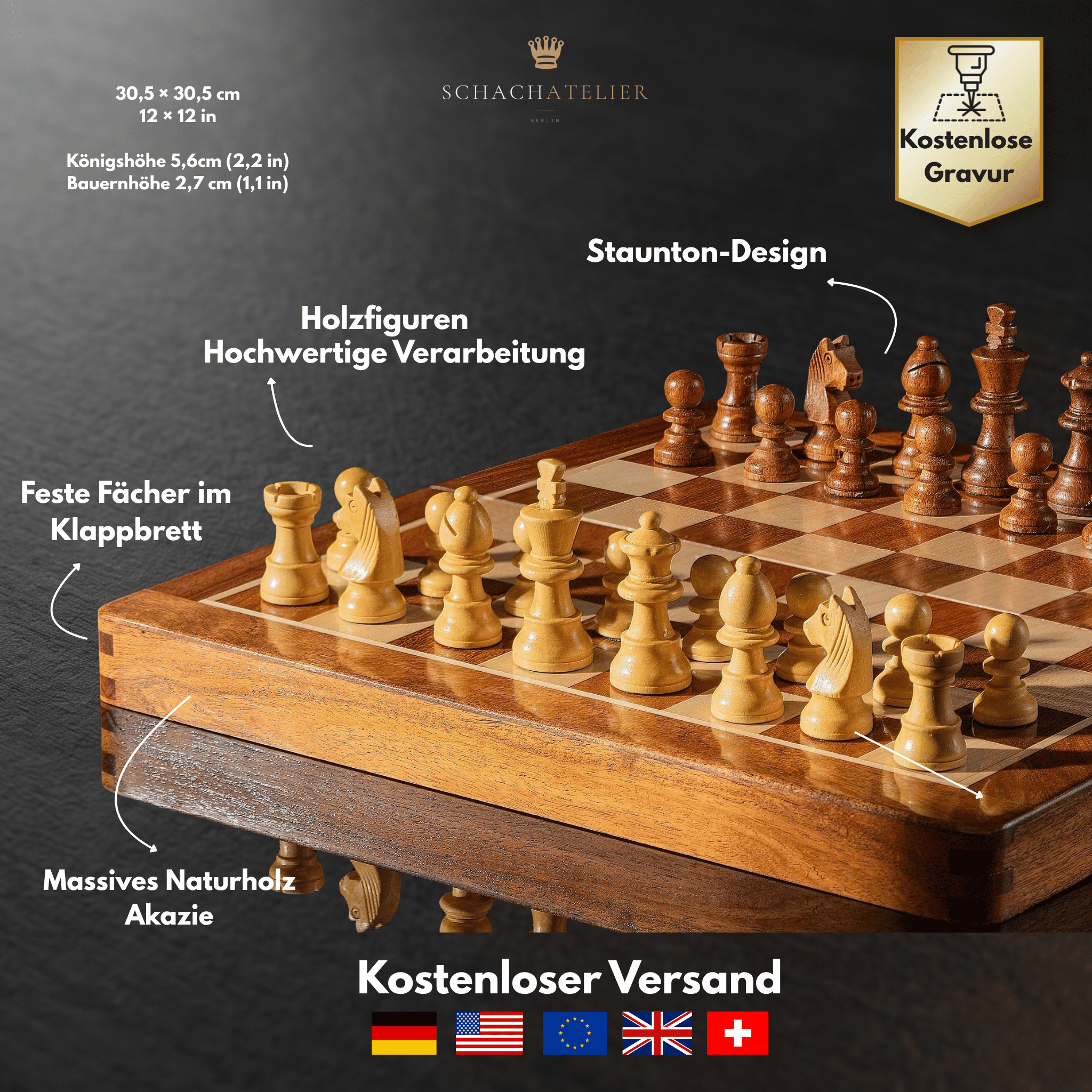Geöffnetes Etui mit Ausstattungsdetails zu den Fächern für die Figuren