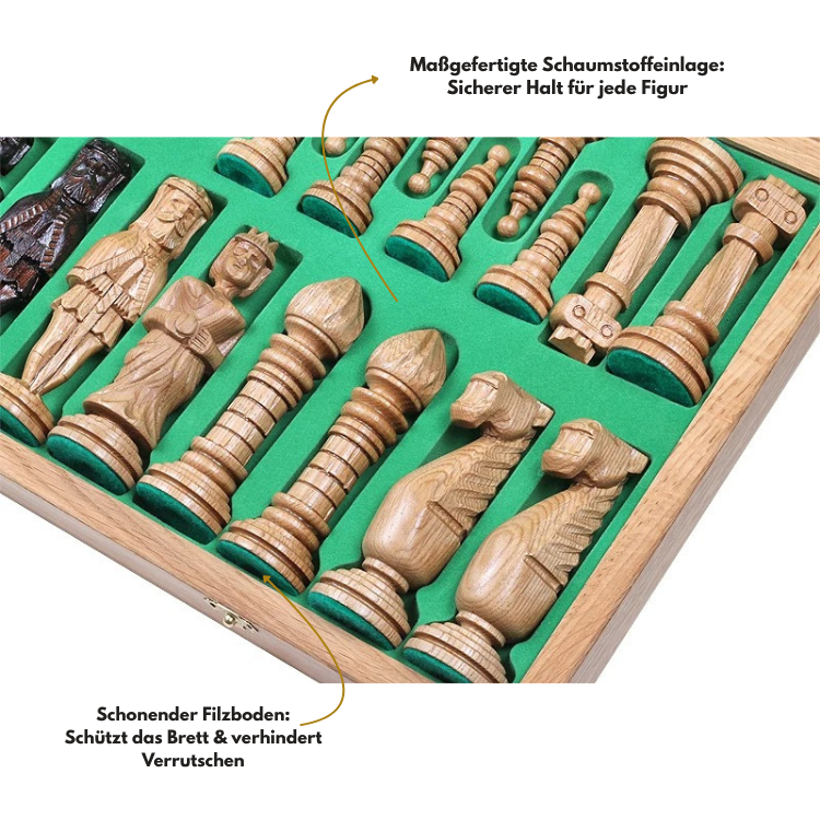 Schachfiguren in den grünen Filzfächern der geöffneten Kassette