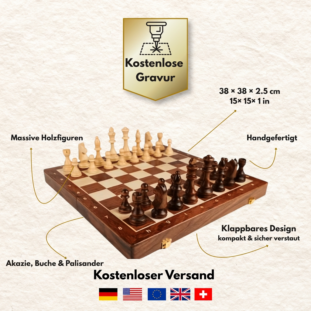 Reiseschach 38 cm aus Akazie, Buche und Palisander mit kostenloser Gravur
