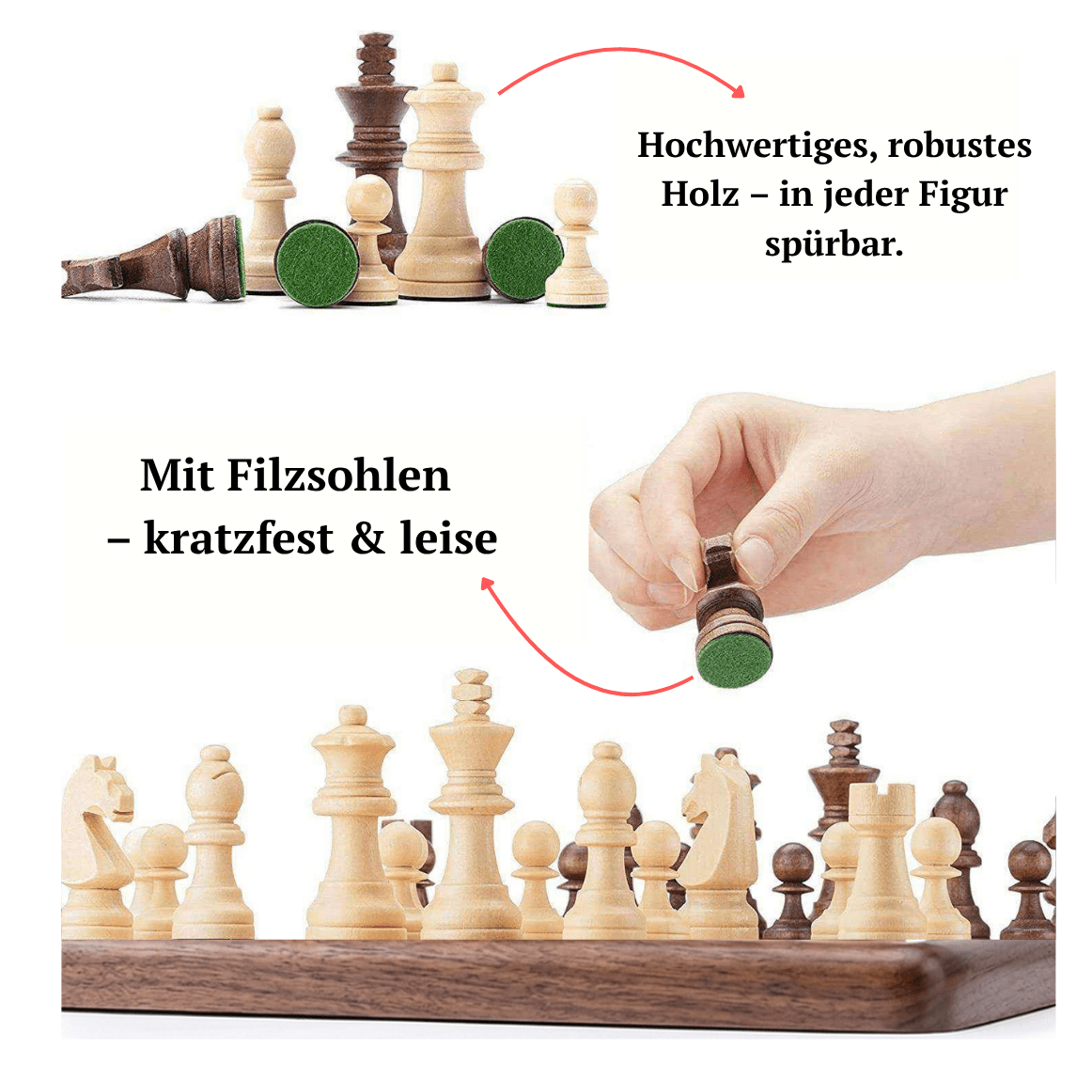 Hochwertiges, robustes Holz in jeder Figur des Reiseschachs