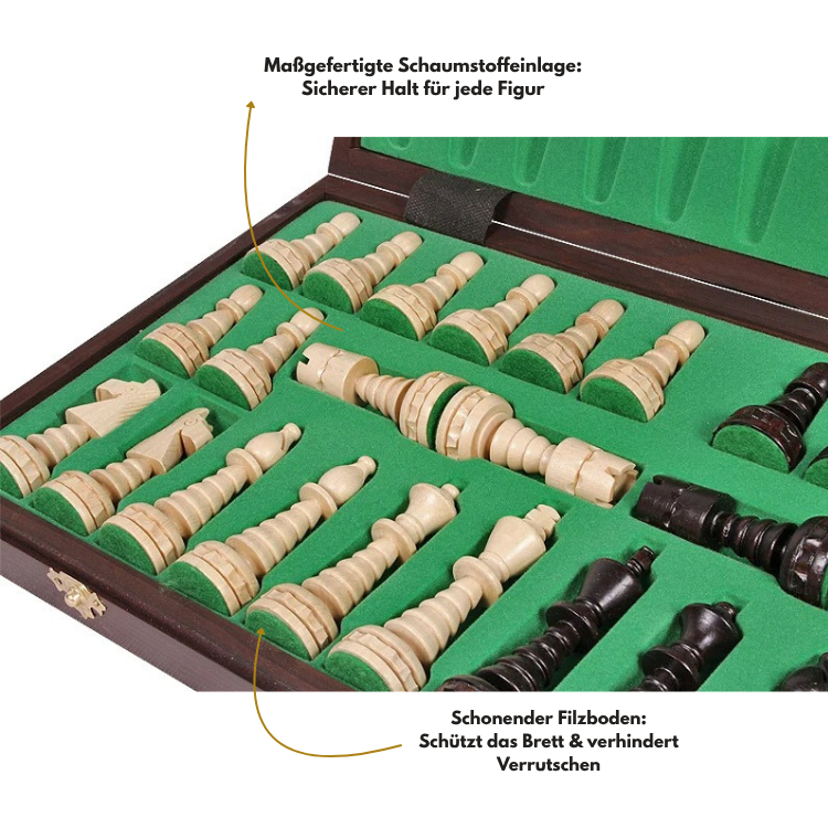 Schachfiguren in den grünen Filzfächern der geöffneten Kassette