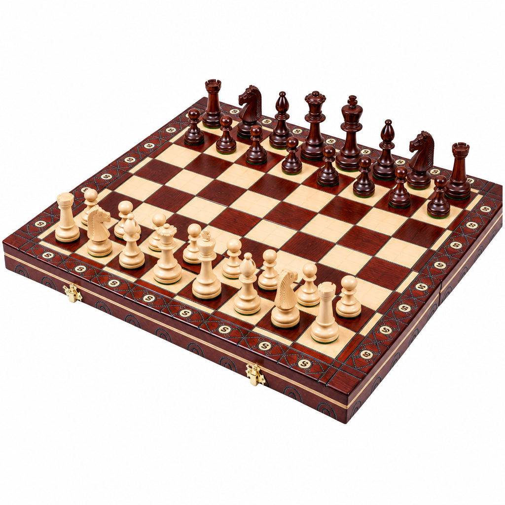 Jeu d'échecs pliant en bois avec pièces Staunton en position initiale, vue d'ensemble
