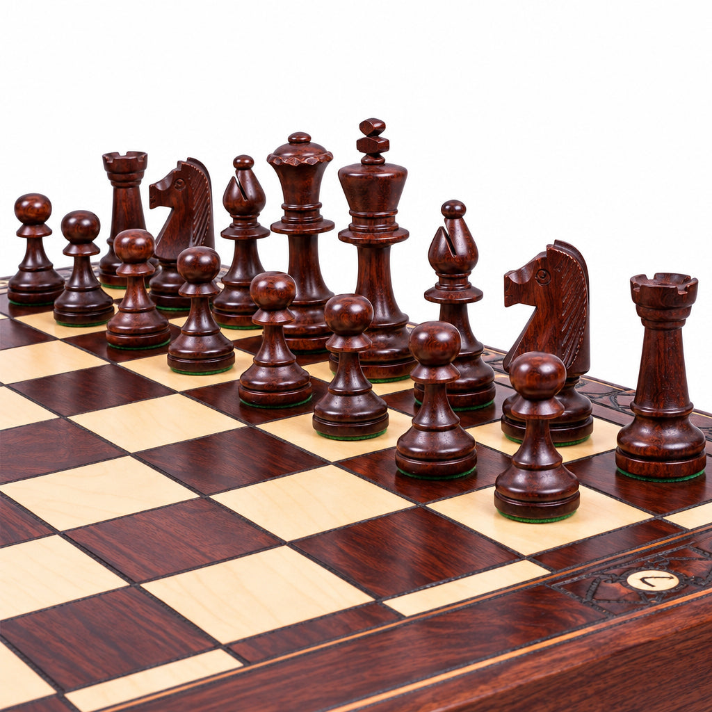 Dark and light wooden Staunton pieces, side close-up on the chessboard