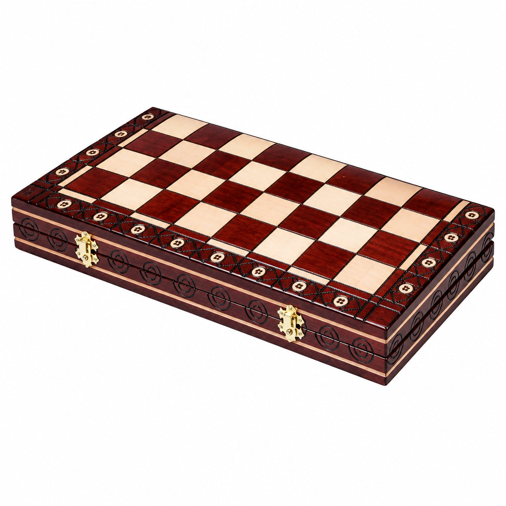 Folded chessboard as a case with two brass clasps, side view