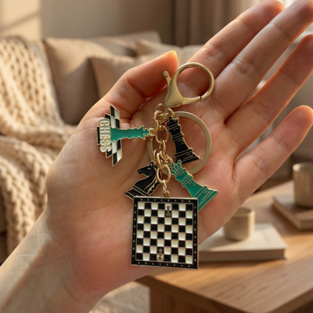 Hand hält Schach-Schlüsselanhänger im Turnier-Design in gemütlicher Wohnzimmer-Atmosphäre