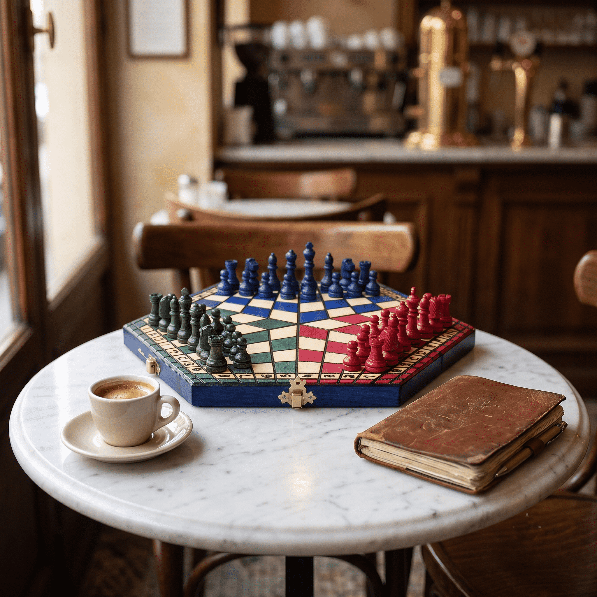Stimmungsvolle Aufnahme des Schachs für drei Spieler beim Spiel