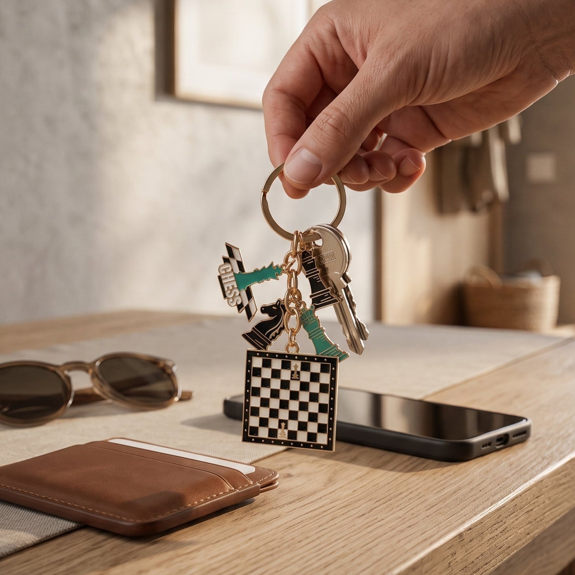 Hand nimmt Schach-Schlüsselanhänger im Turnier-Design von einer Konsole im Eingangsbereich
