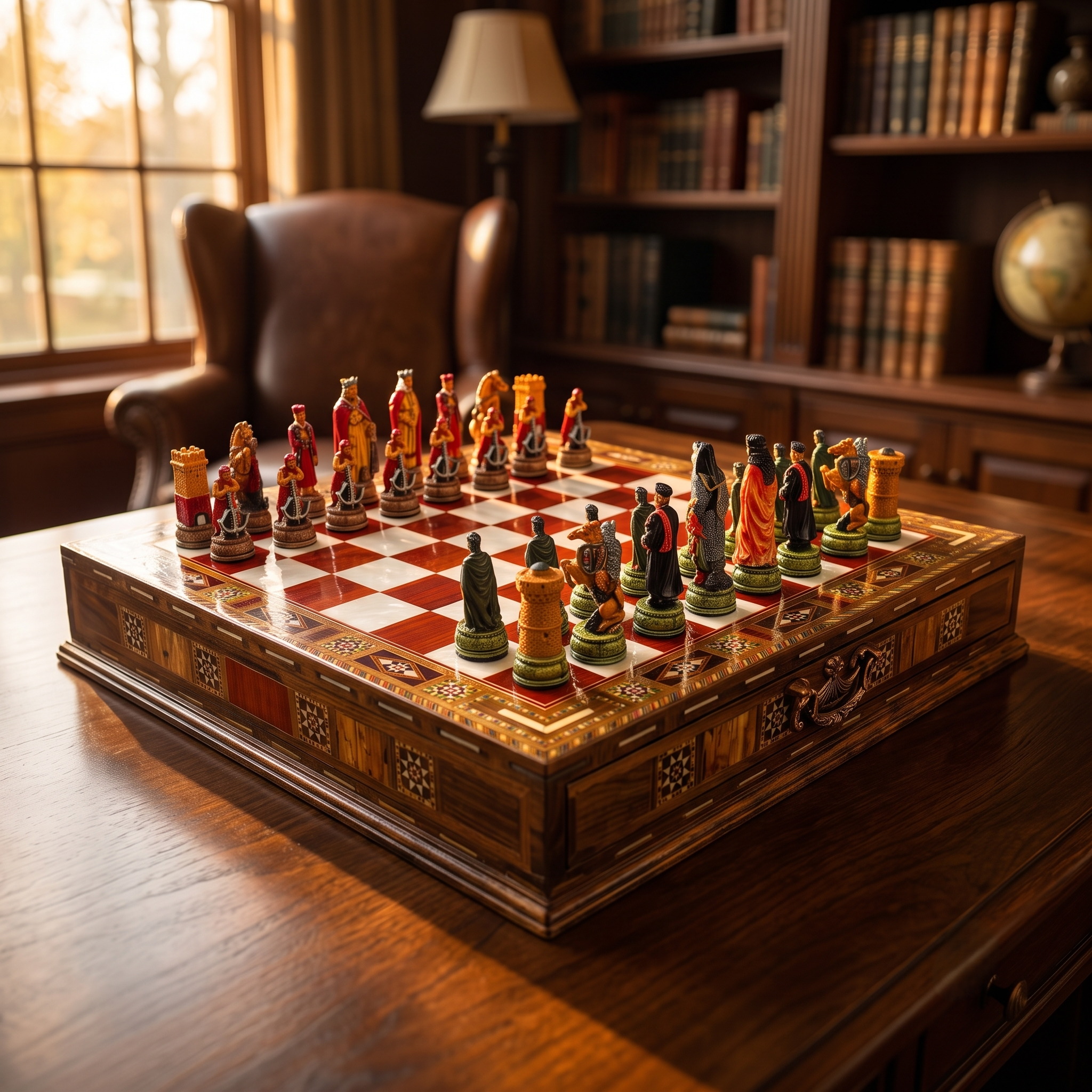 Premium Mosaik-Schachspiel auf Bibliotheksschreibtisch, Lifestyle-Aufnahme – Schachatelier