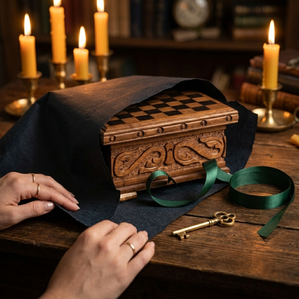 Nussbaum-Schachspiel mit verstecktem Schloss, stimmungsvolle Lifestyle-Aufnahme – Schachatelier
