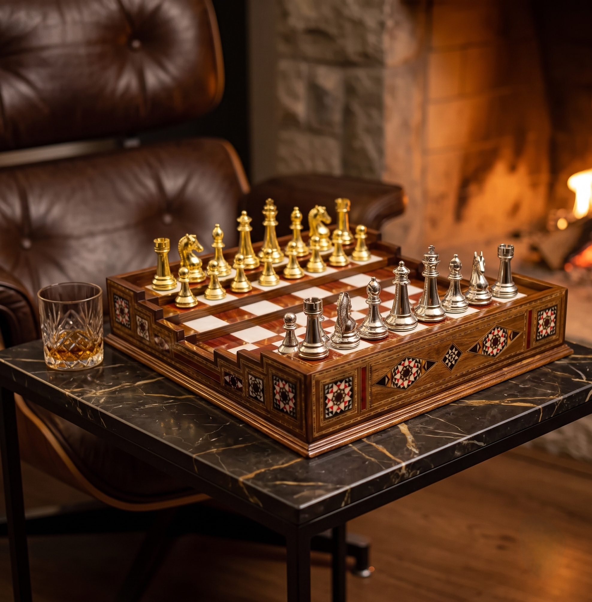 Arena-Schachspiel Premium auf Marmortisch neben Ledersessel, Lifestyle-Aufnahme – Schachatelier