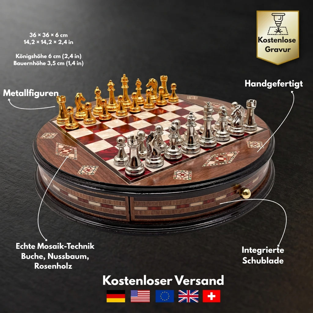 Infographie sur les matériaux et dimensions du jeu d'échecs rond en mosaïque
