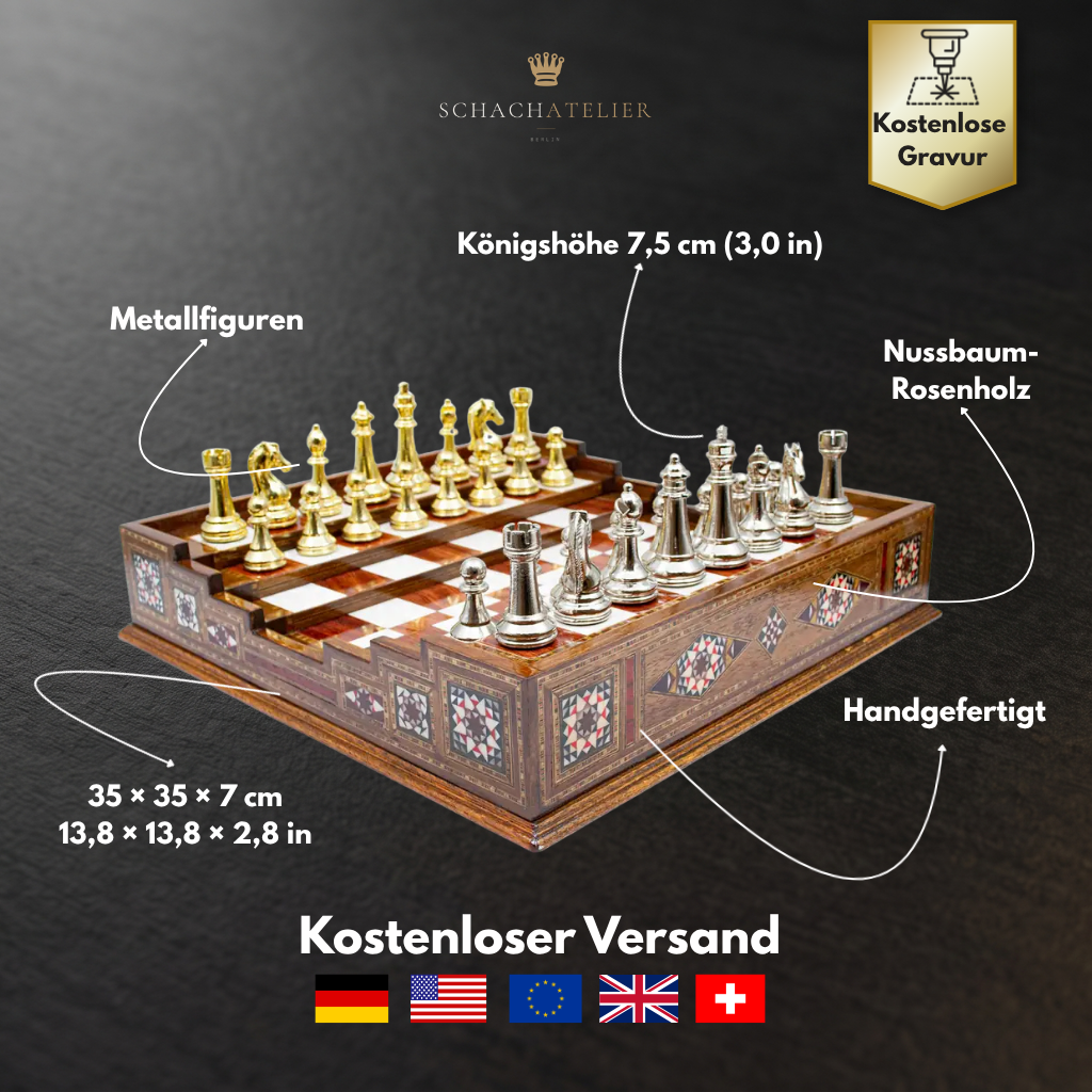 Infografik zu Material und Maßen des Arena-Schachspiels Premium – Schachatelier