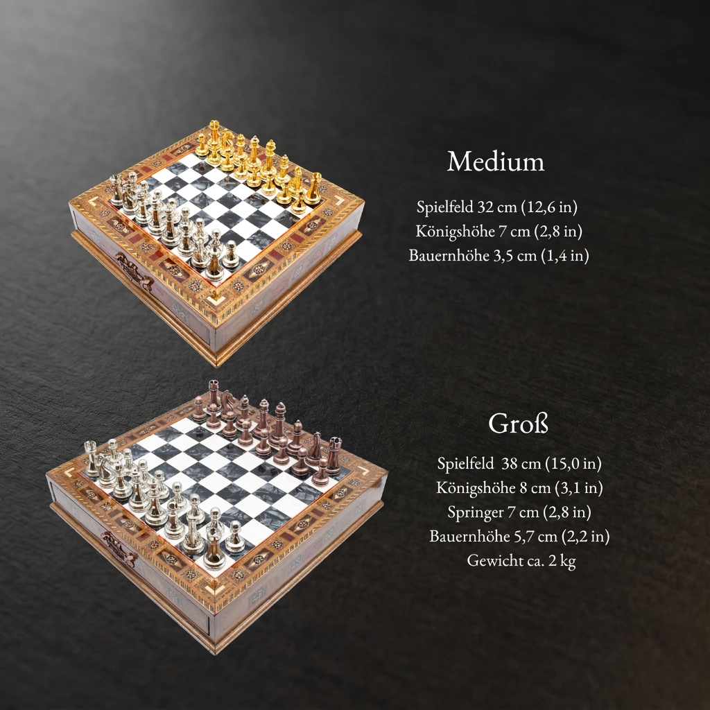 Aperçu des tailles du jeu d'échecs à tiroir, 32 et 38 cm