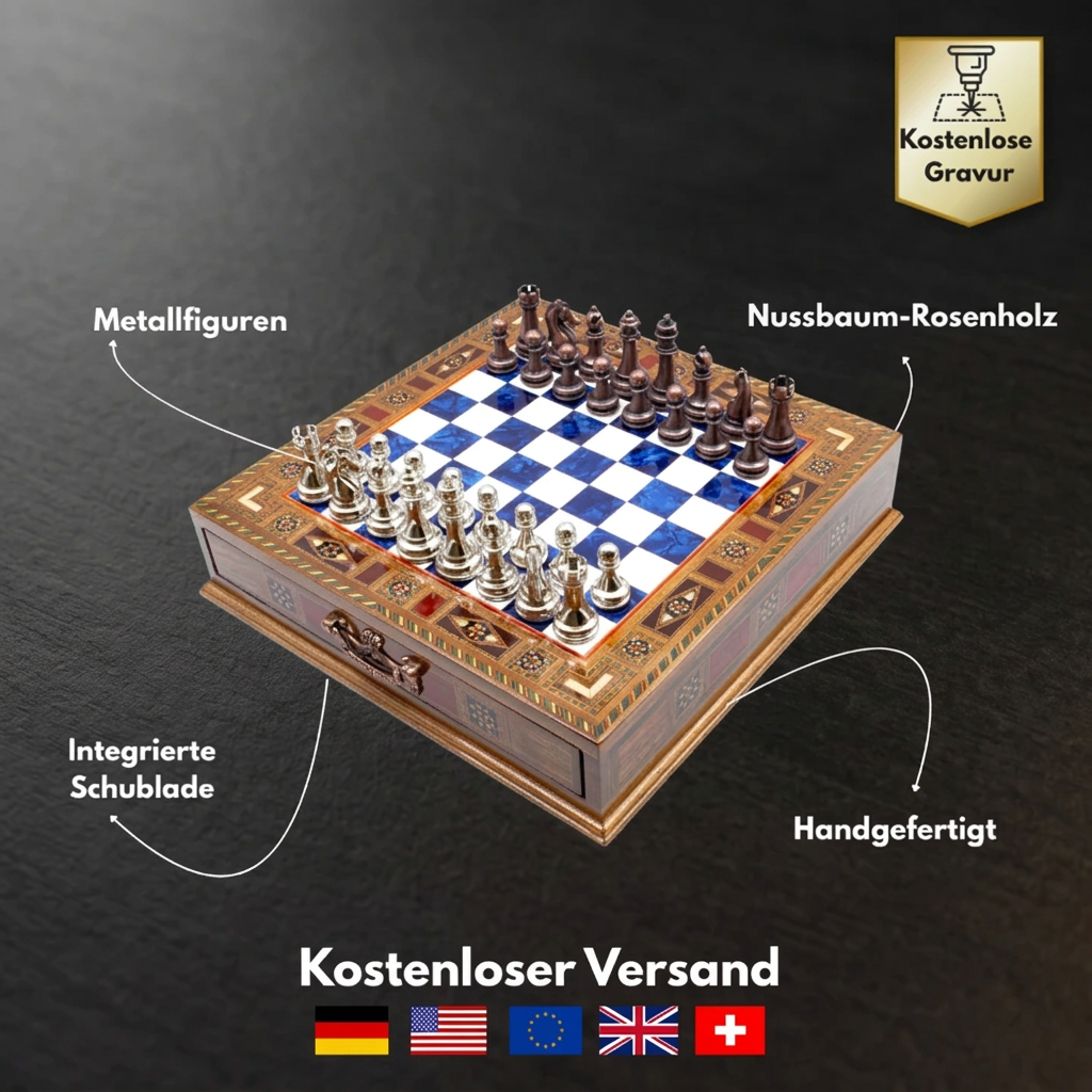 Infographie des dimensions et matériaux du jeu d'échecs à tiroir