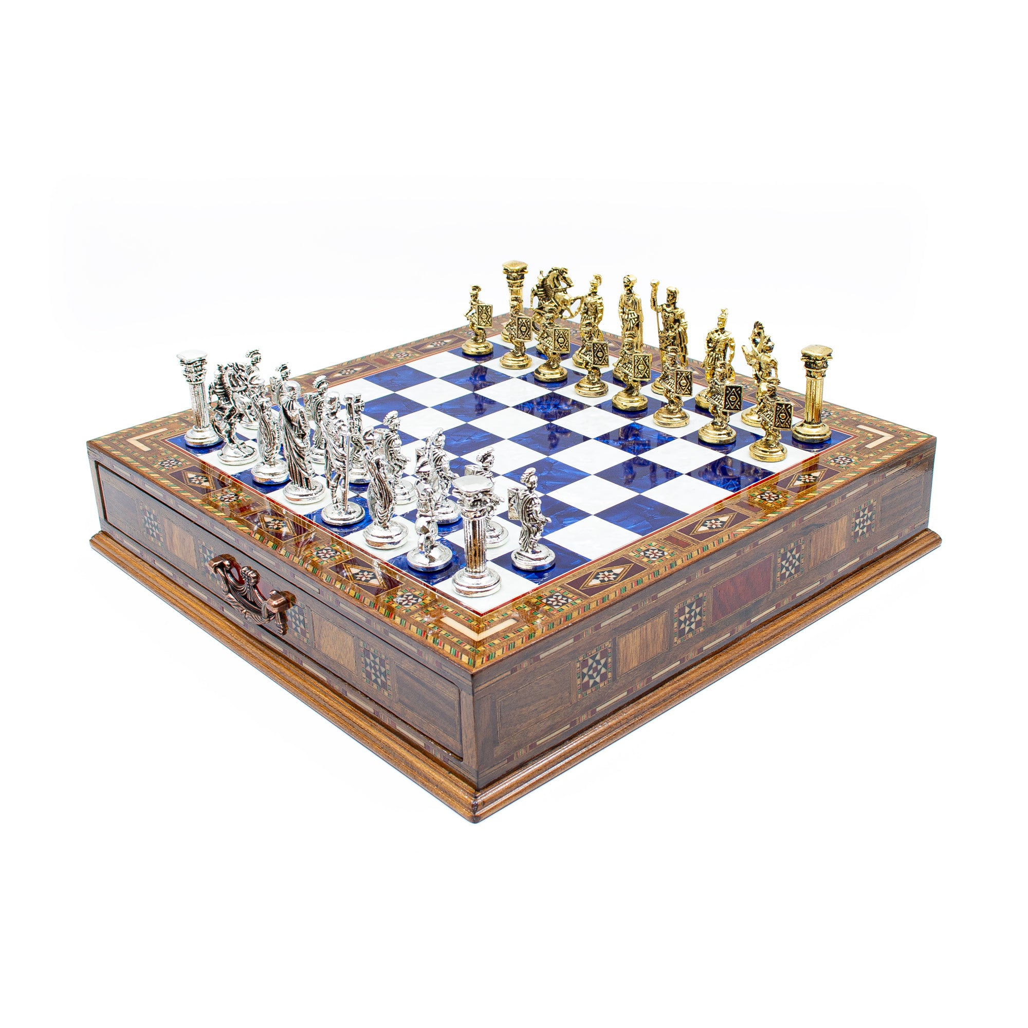 Schachspiel aus Holz mit Aufbewahrung – Römisches Design in Blau, handgefertigt & personalisierbar, 32 & 38 cm