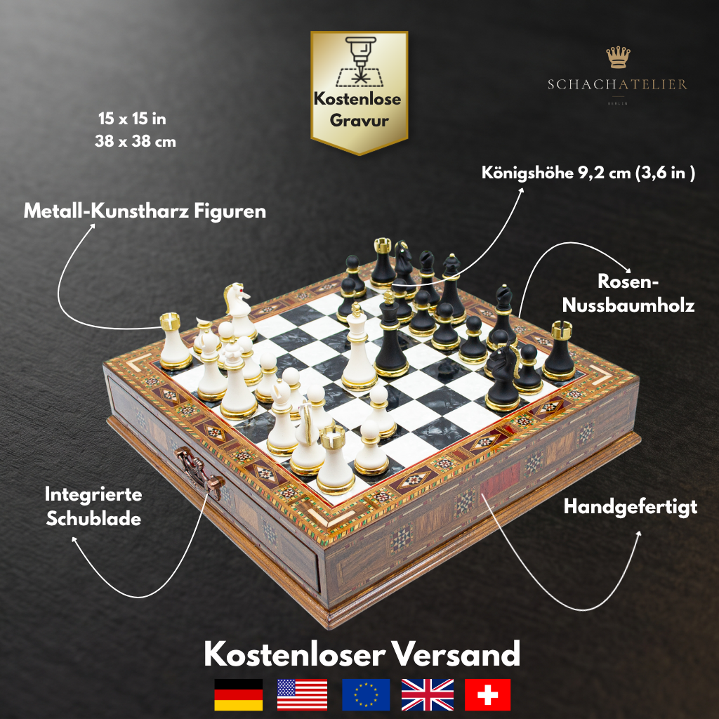 Infografik zu Material und Maßen des Nussbaum-Schachspiels – Schachatelier