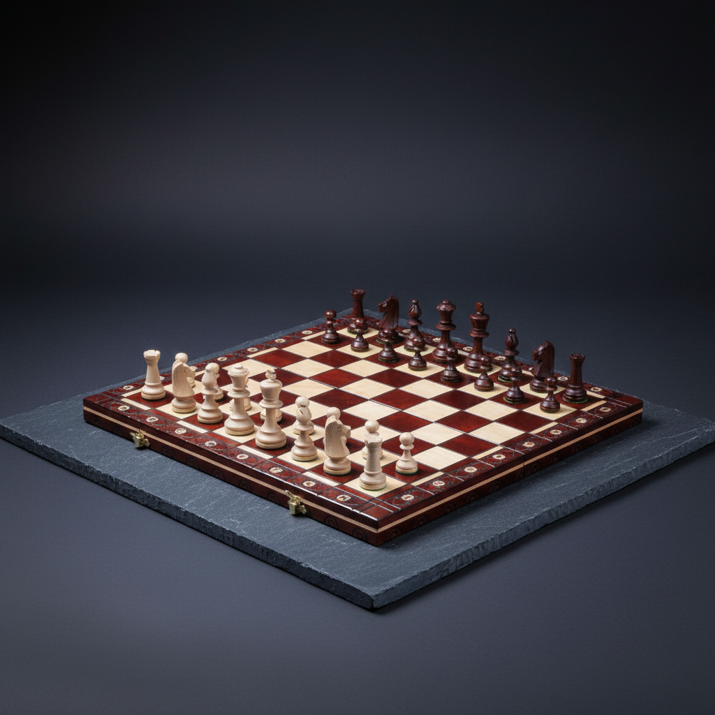 Folding wooden chess set on a dark stone slab against an anthracite background