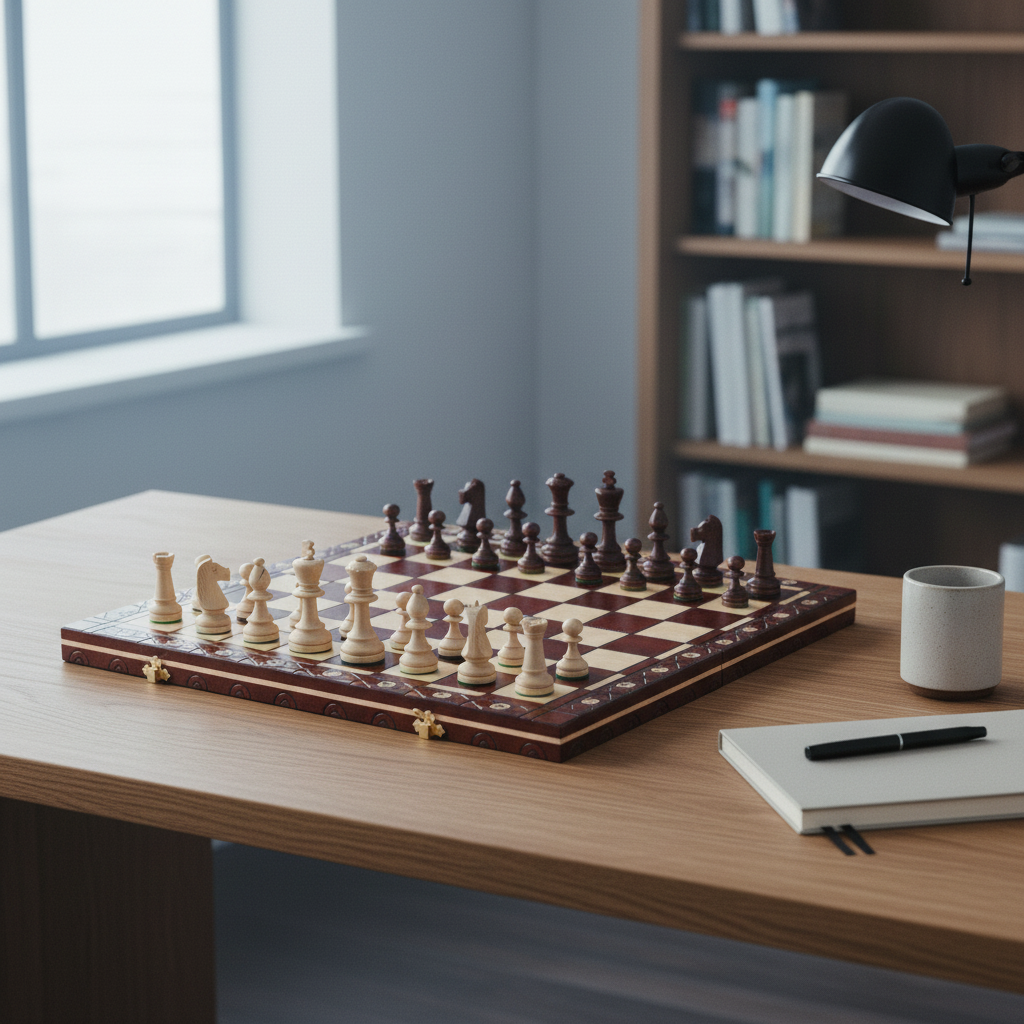Folding wooden chess set on a desk in a study
