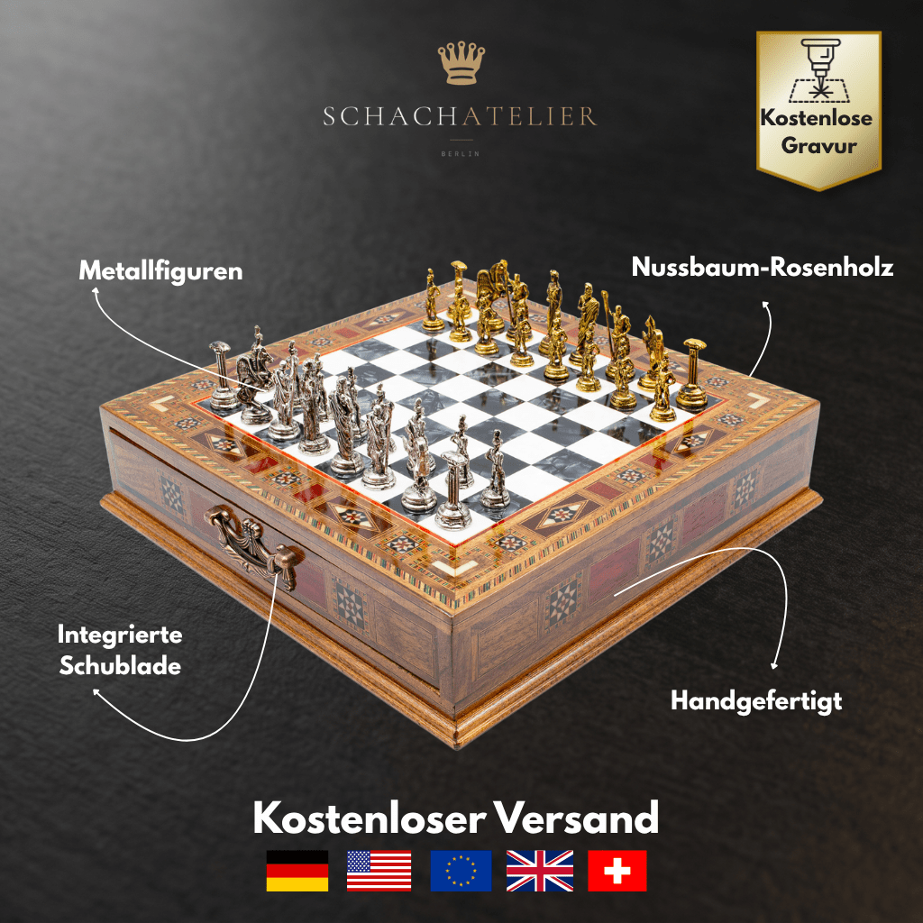 Infografik zu Material, Maßen und Handarbeit des römischen Schachspiels – Schachatelier