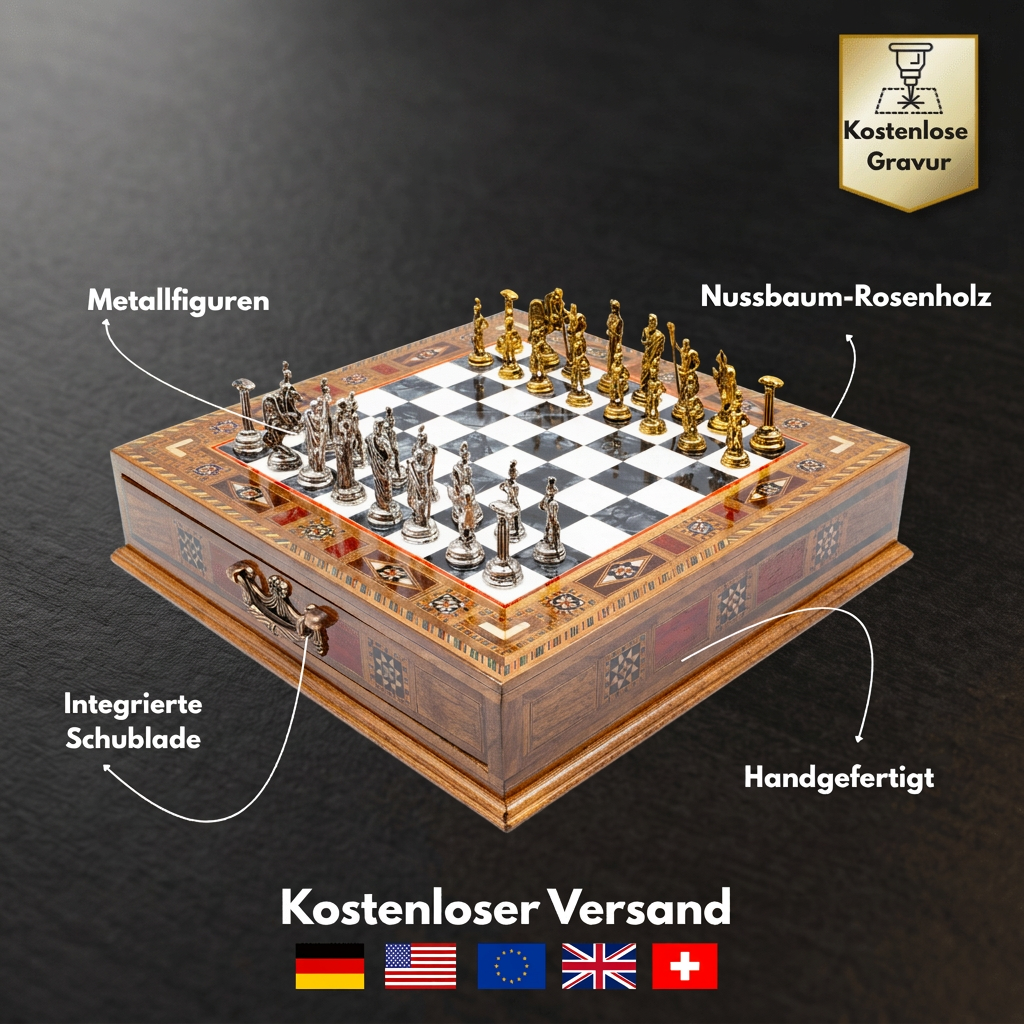 Infographie sur les matériaux, dimensions et le travail artisanal du jeu d'échecs romain