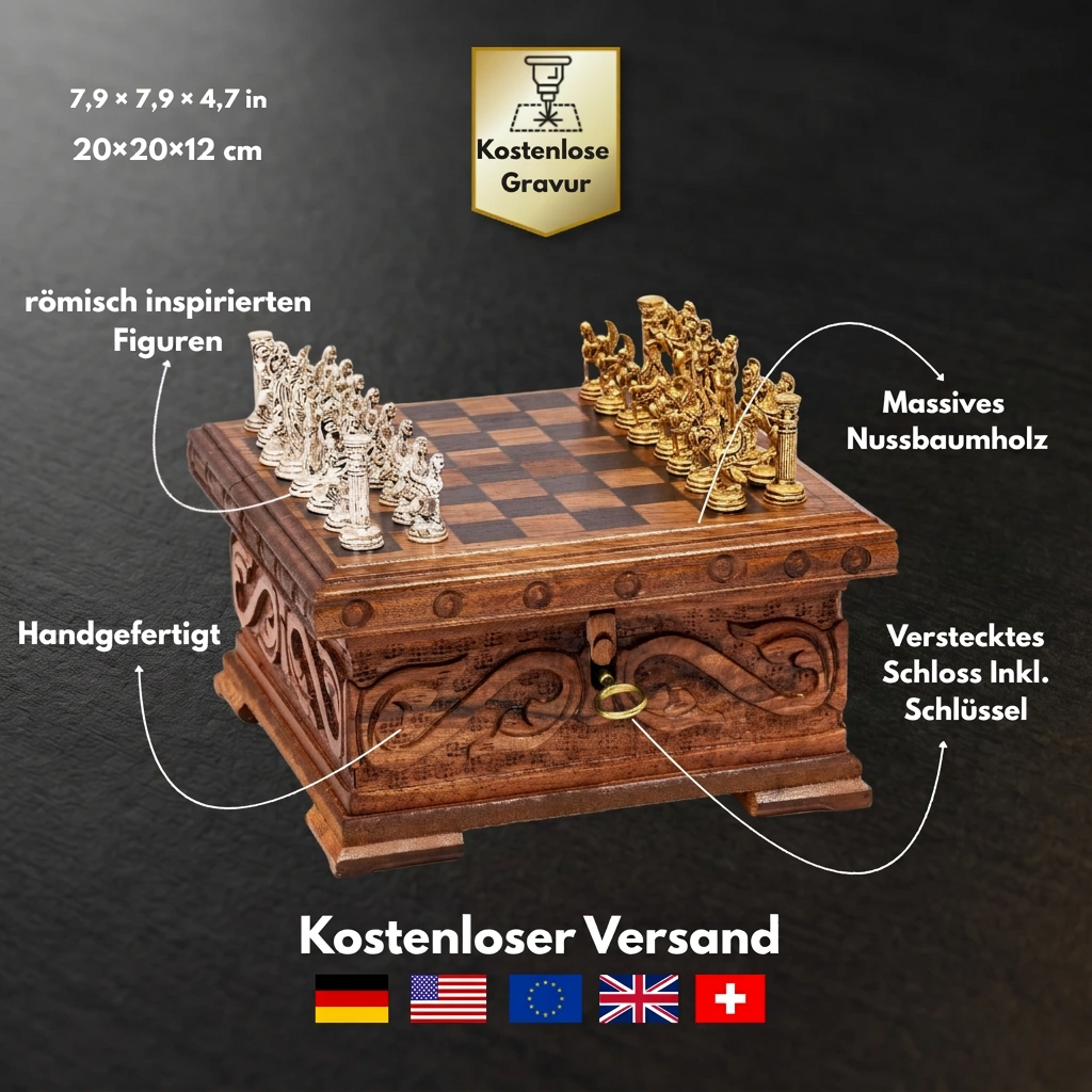 Infographie sur les matériaux, dimensions et la serrure cachée du jeu d'échecs en noyer