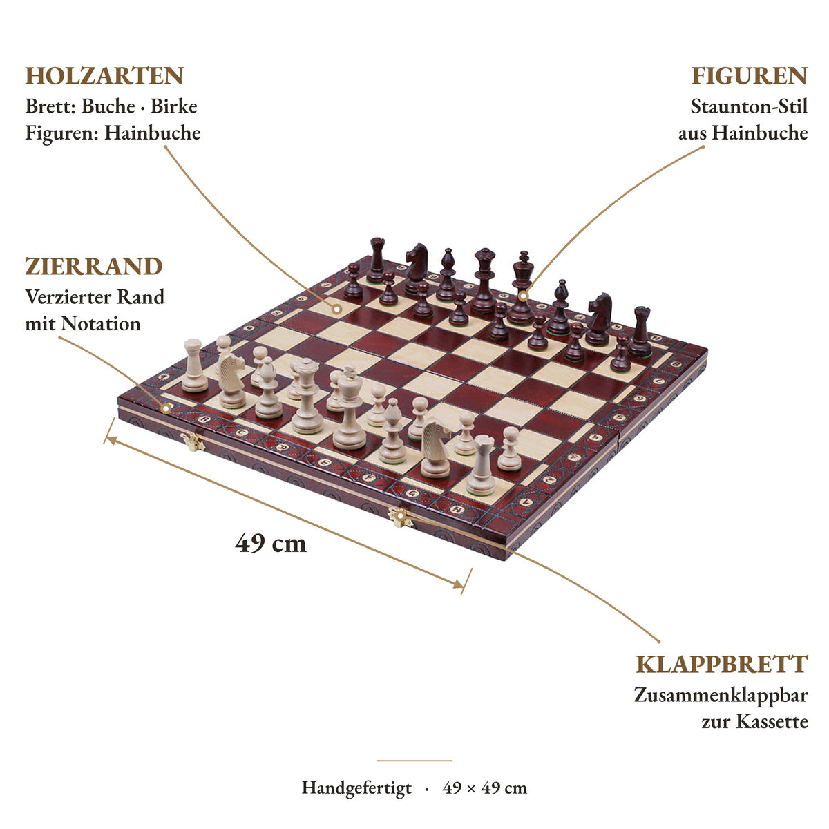 Folding Chess Set with Decorative Border and Engraving, 49 cm