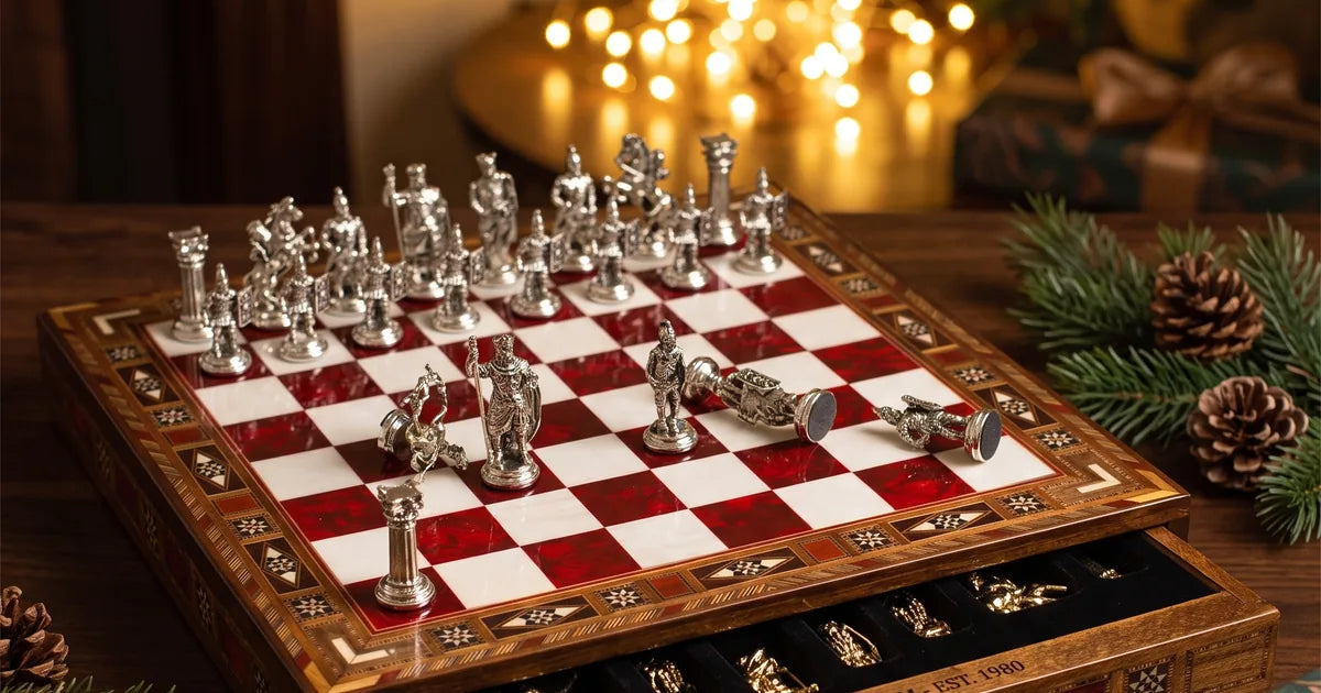 Festliches Schachspiel als Weihnachtsgeschenk mit Tannenzweigen und Kerzenlicht – Schachatelier