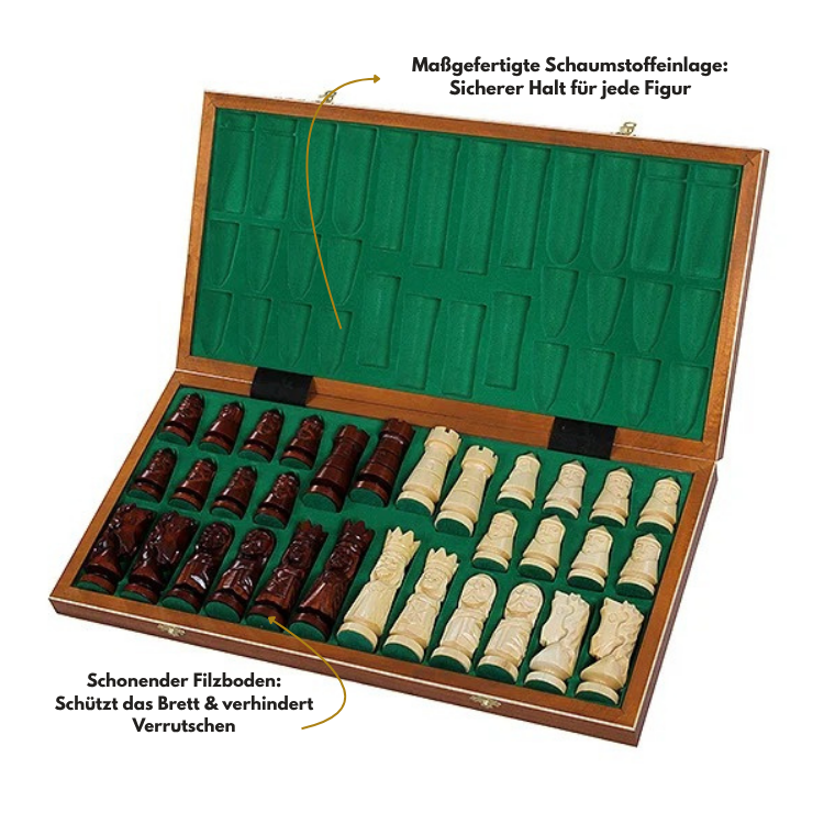 Schachfiguren in den grünen Filzfächern der geöffneten Kassette