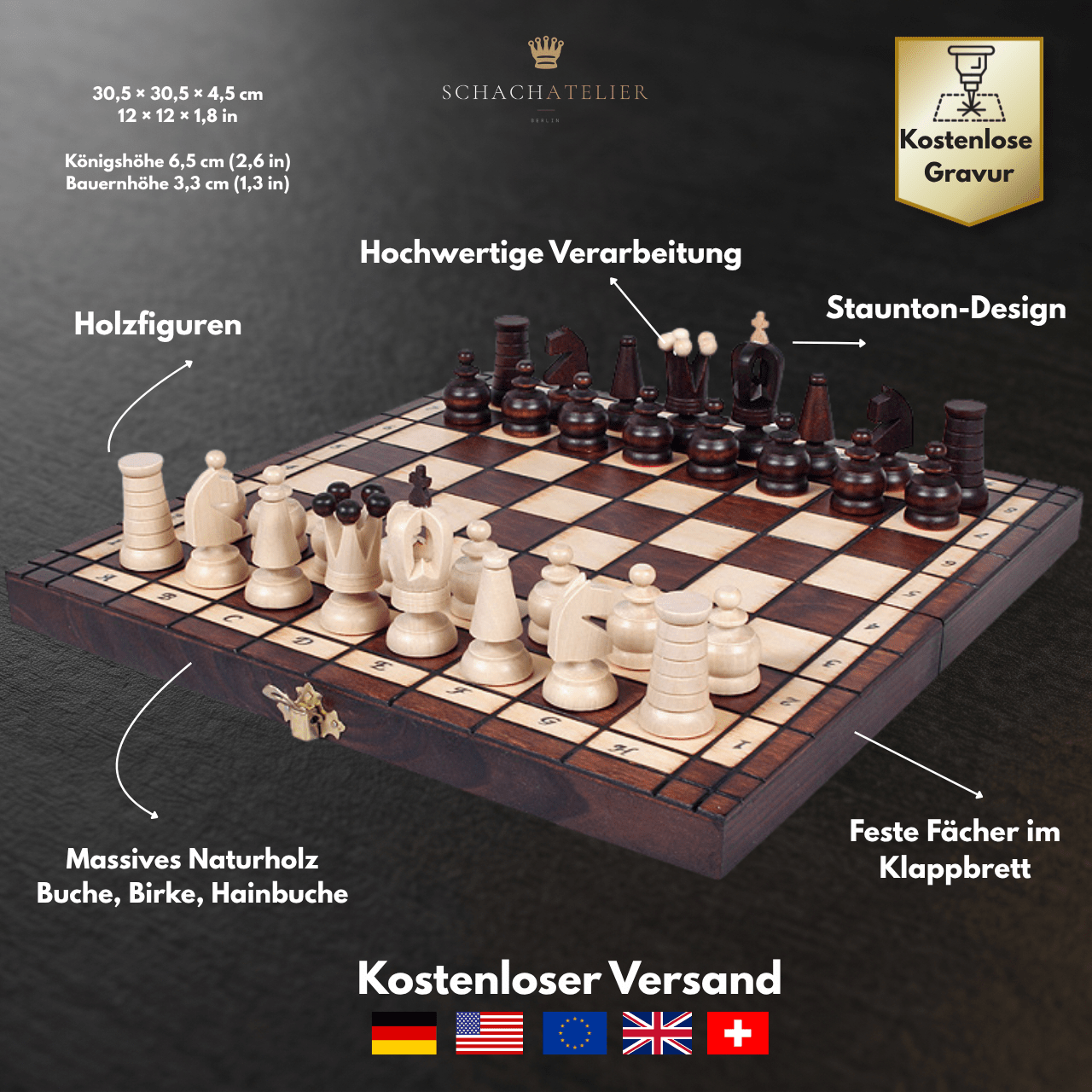 Reiseschach mit Staunton-Figuren im aufgebauten Zustand
