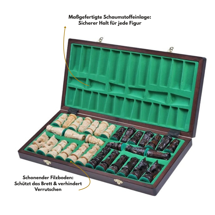 Schachfiguren in den grünen Filzfächern der geöffneten Kassette