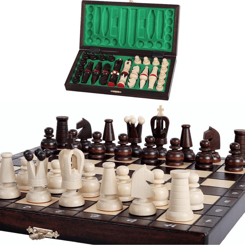 Klappbares Reiseschach aus Holz mit Staunton-Figuren, 31 cm