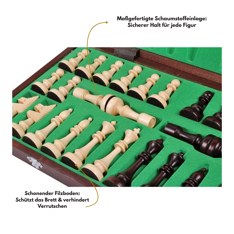 Schachfiguren in den grünen Filzfächern der geöffneten Kassette