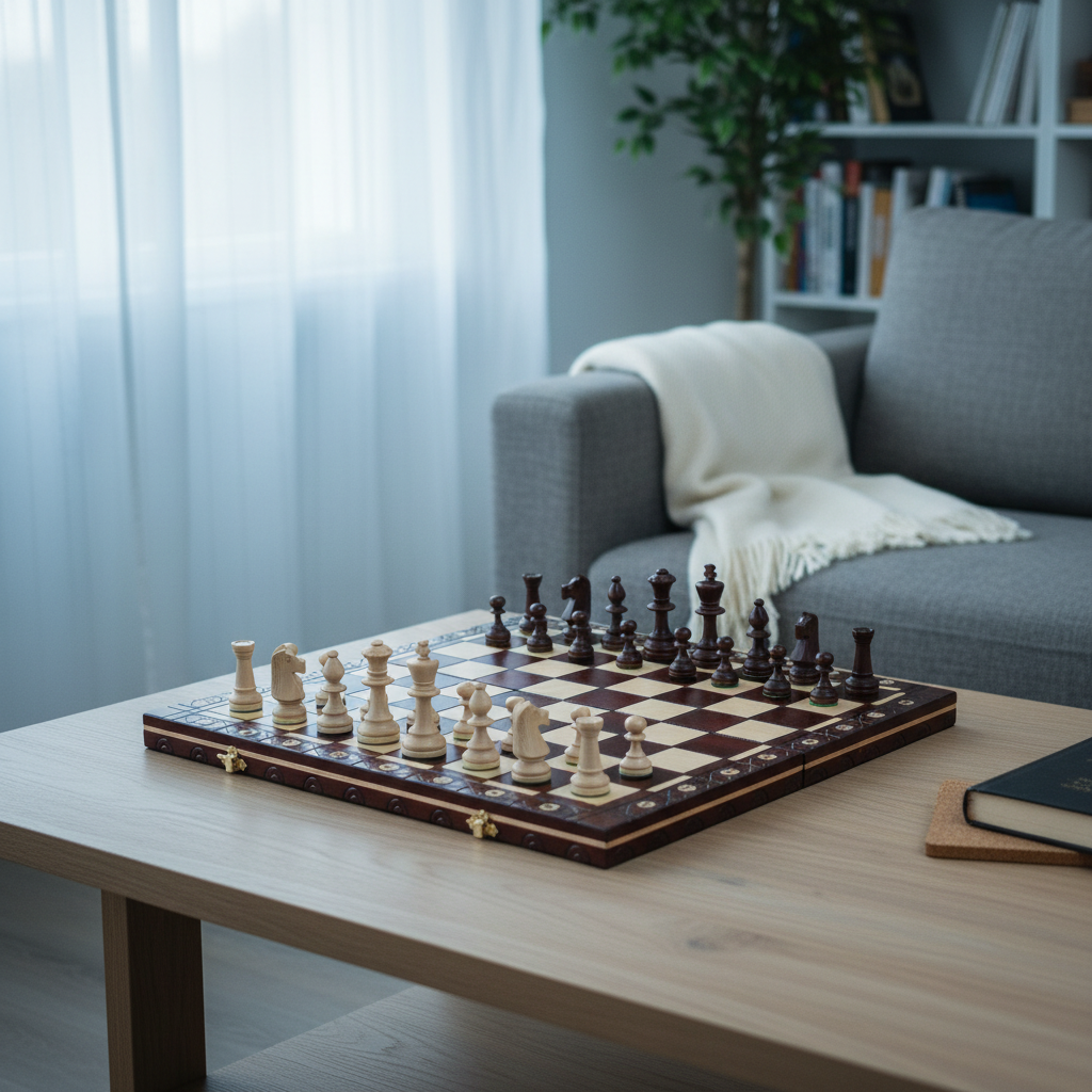 Jeu d'échecs pliant en bois sur une table basse au salon