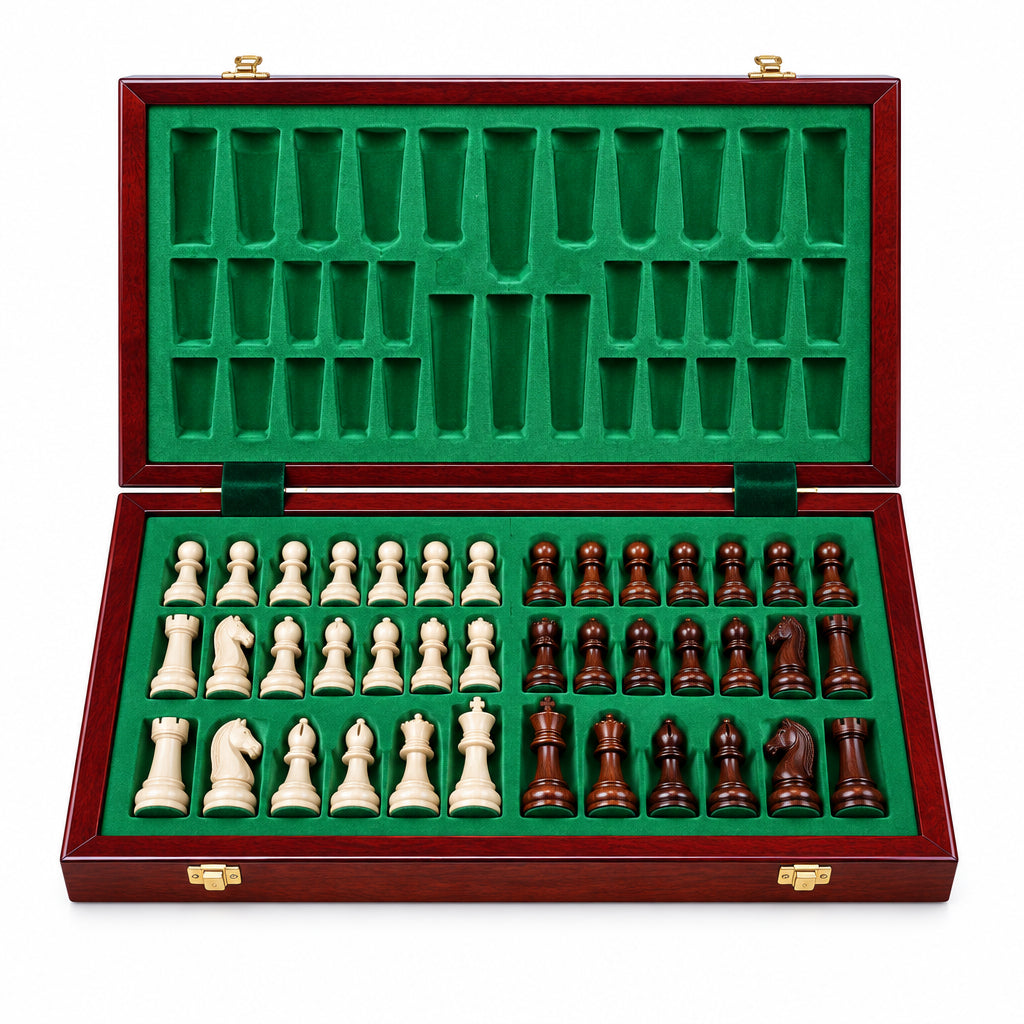 Coffret d'échecs ouvert vu de dessus, avec garniture verte et pièces rangées