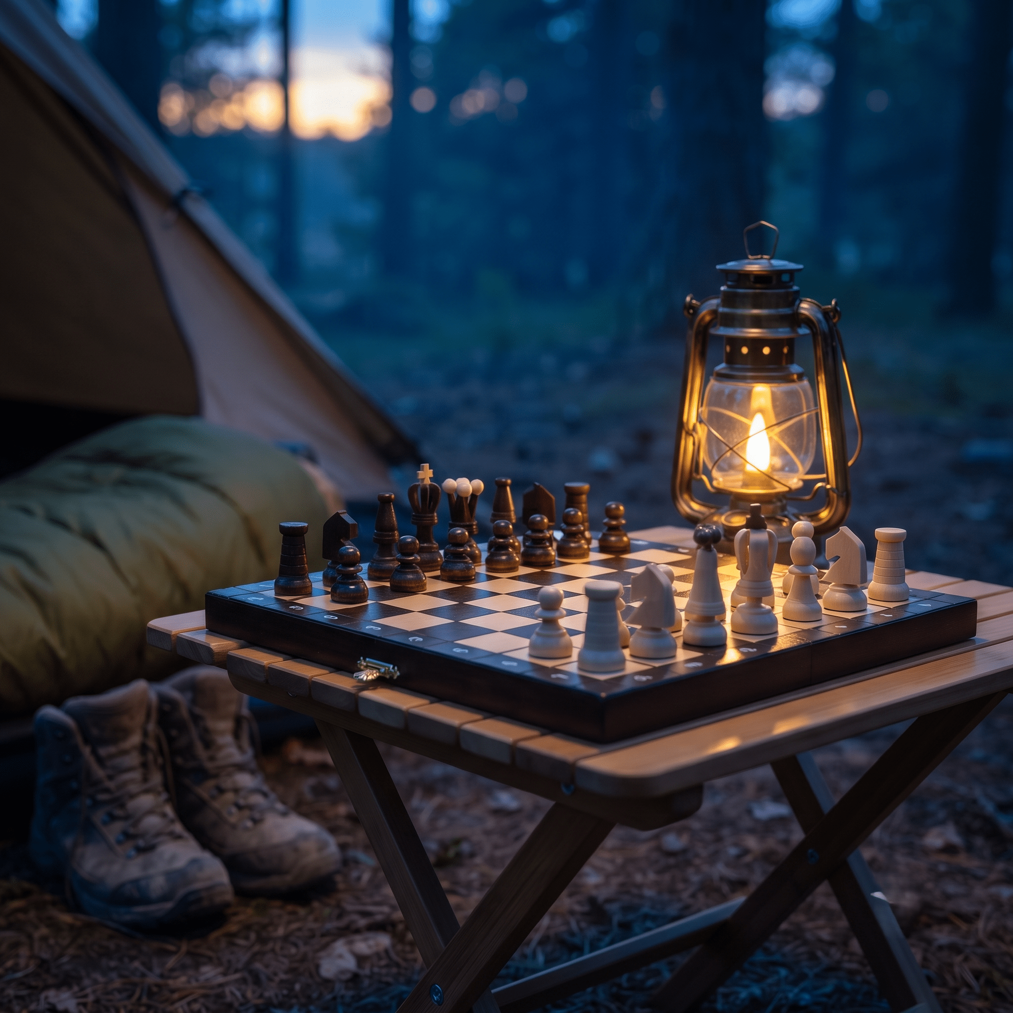 Reiseschach mit Staunton-Figuren in edlem Ambiente, Lifestyle-Aufnahme