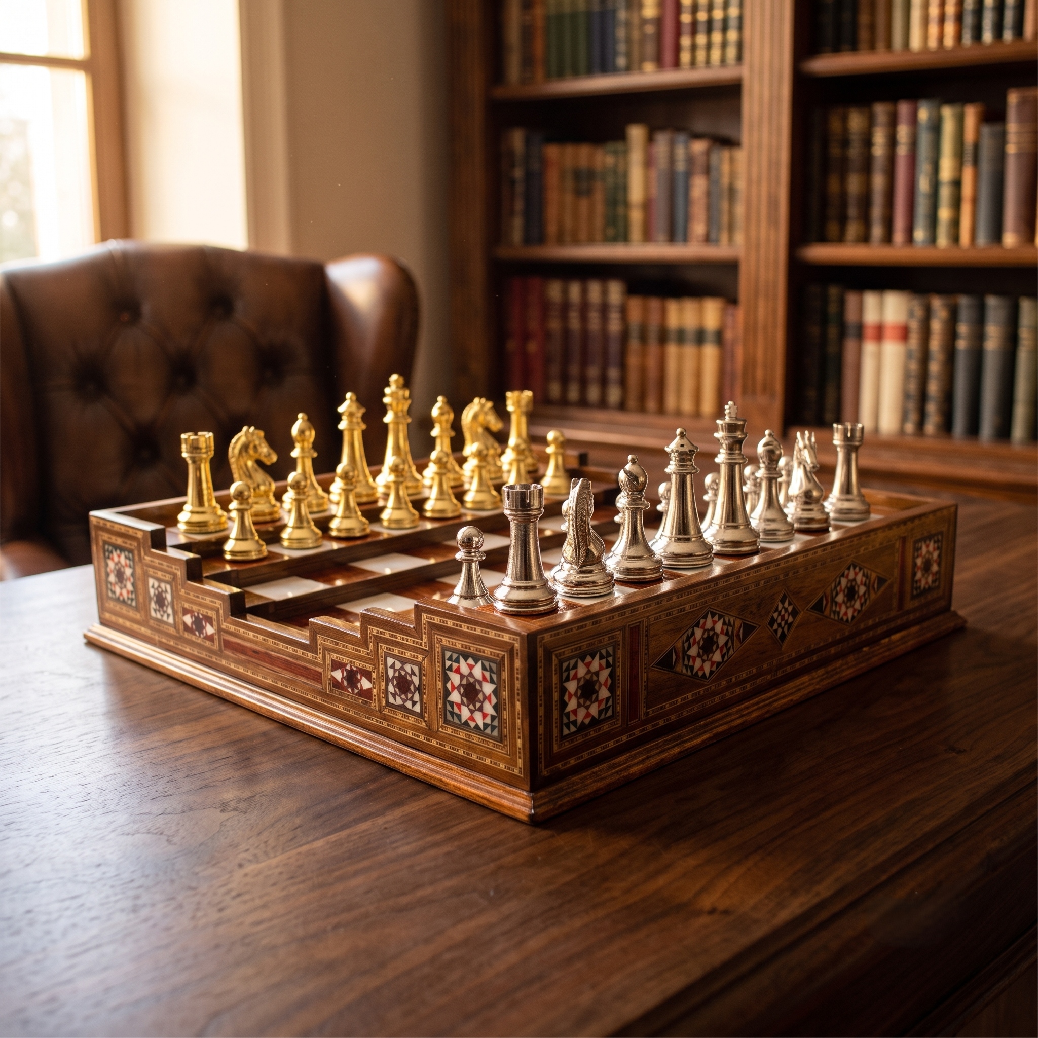 Arena-Schachspiel Premium auf Bibliotheksschreibtisch im Abendlicht – Schachatelier