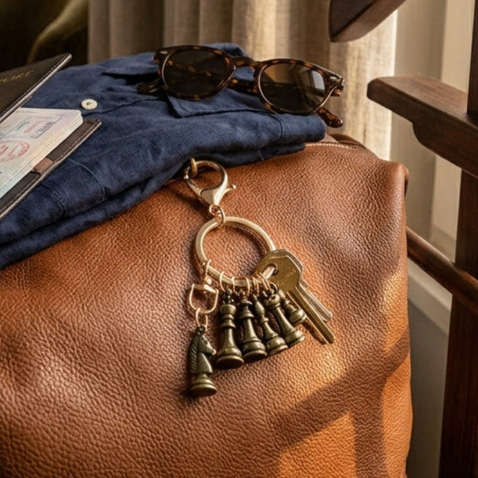 Schach-Schlüsselanhänger im Vintage-Design auf einer braunen Reisetasche am Fenster