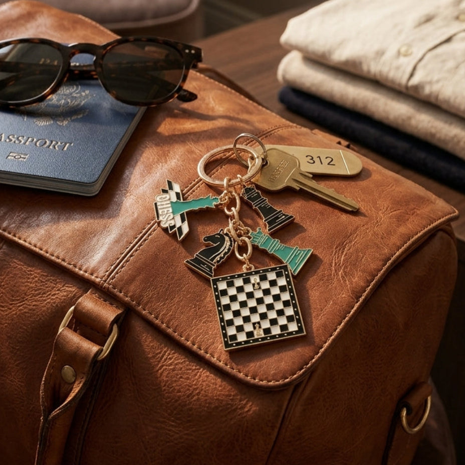 Schach-Schlüsselanhänger im Turnier-Design auf einer braunen Ledertasche