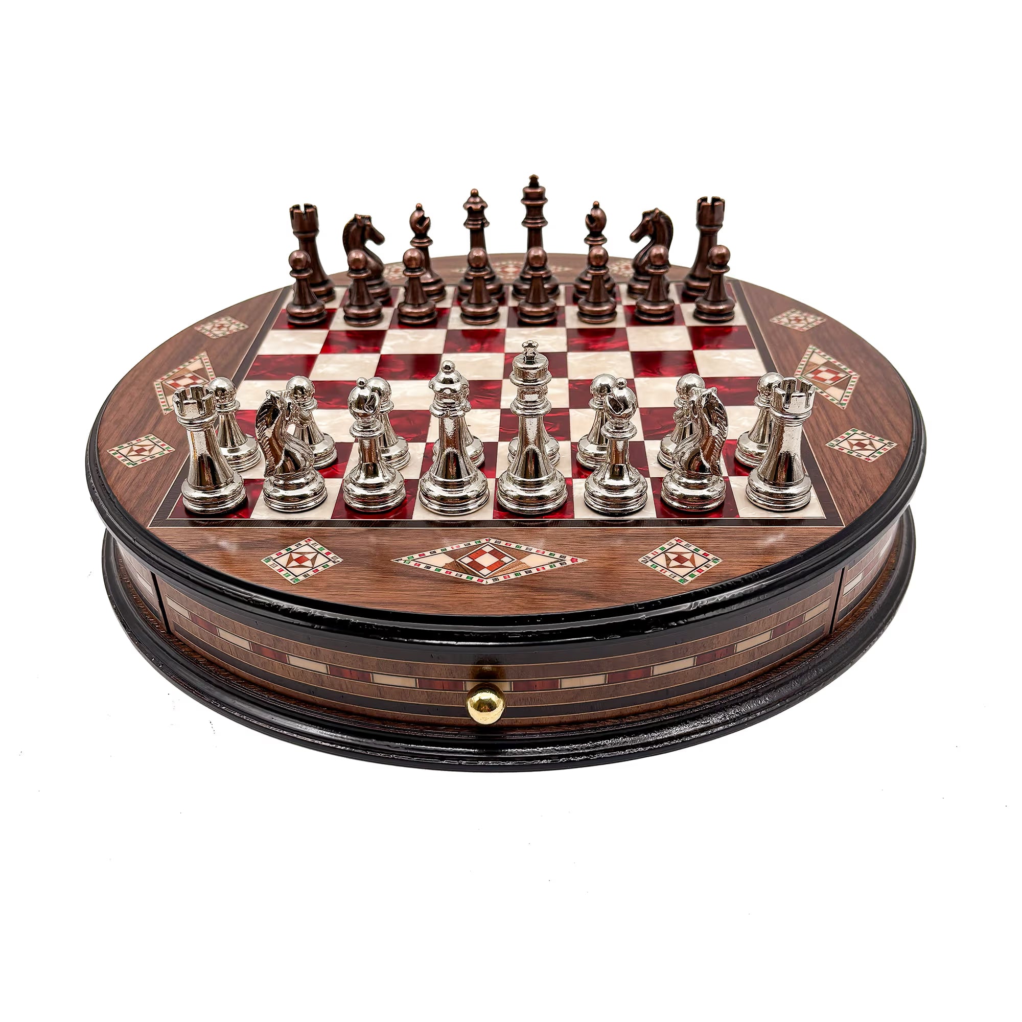 Rundes Mosaik-Schachspiel aus Holz mit Metallfiguren in Rot – Schachatelier