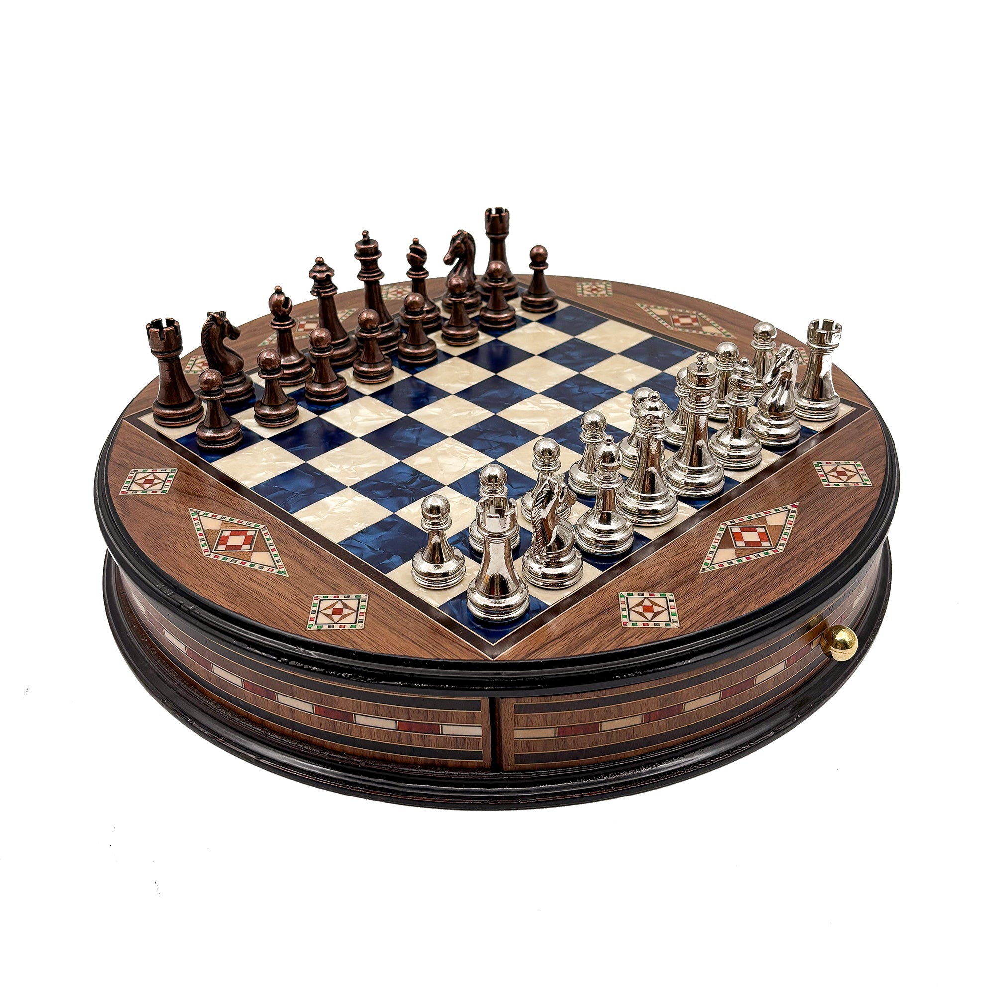 Handgefertigtes rundes Mosaik-Schachspiel aus Holz mit Schublade – Schachatelier