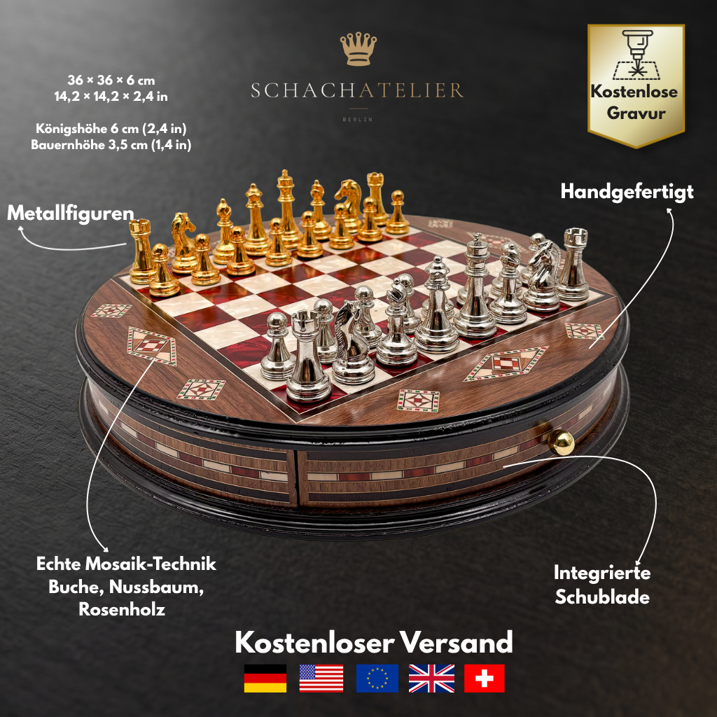 Infografik zu Material und Maßen des runden Mosaik-Schachspiels – Schachatelier
