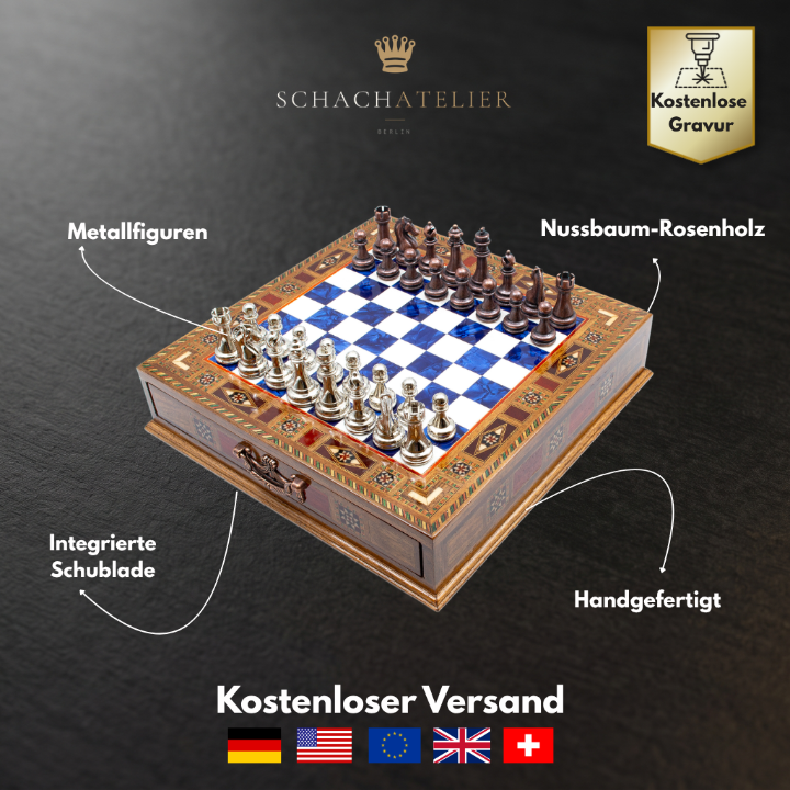 Infografik mit Maßen und Materialien des Schachspiels mit Schublade – Schachatelier