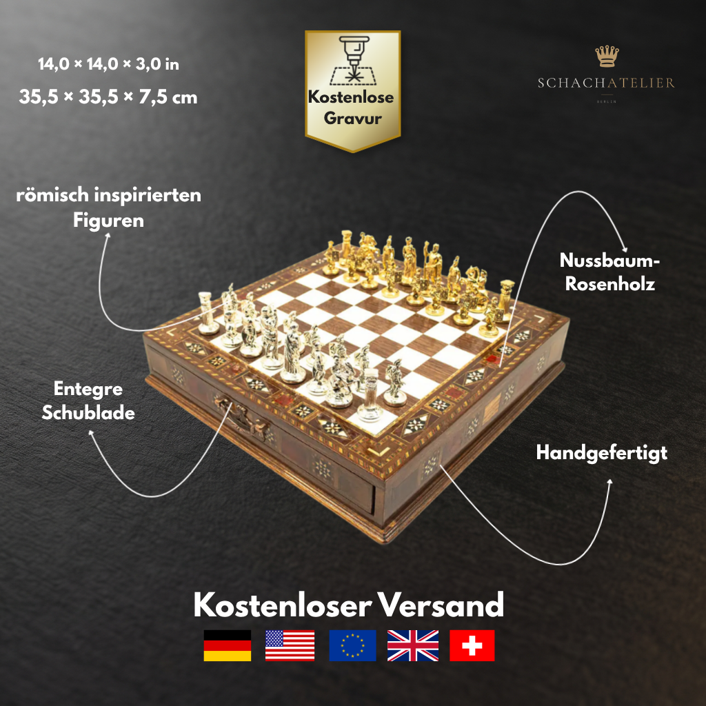 Handgefertigtes römisches Schachspiel mit Metallfiguren, Studioaufnahme – Schachatelier