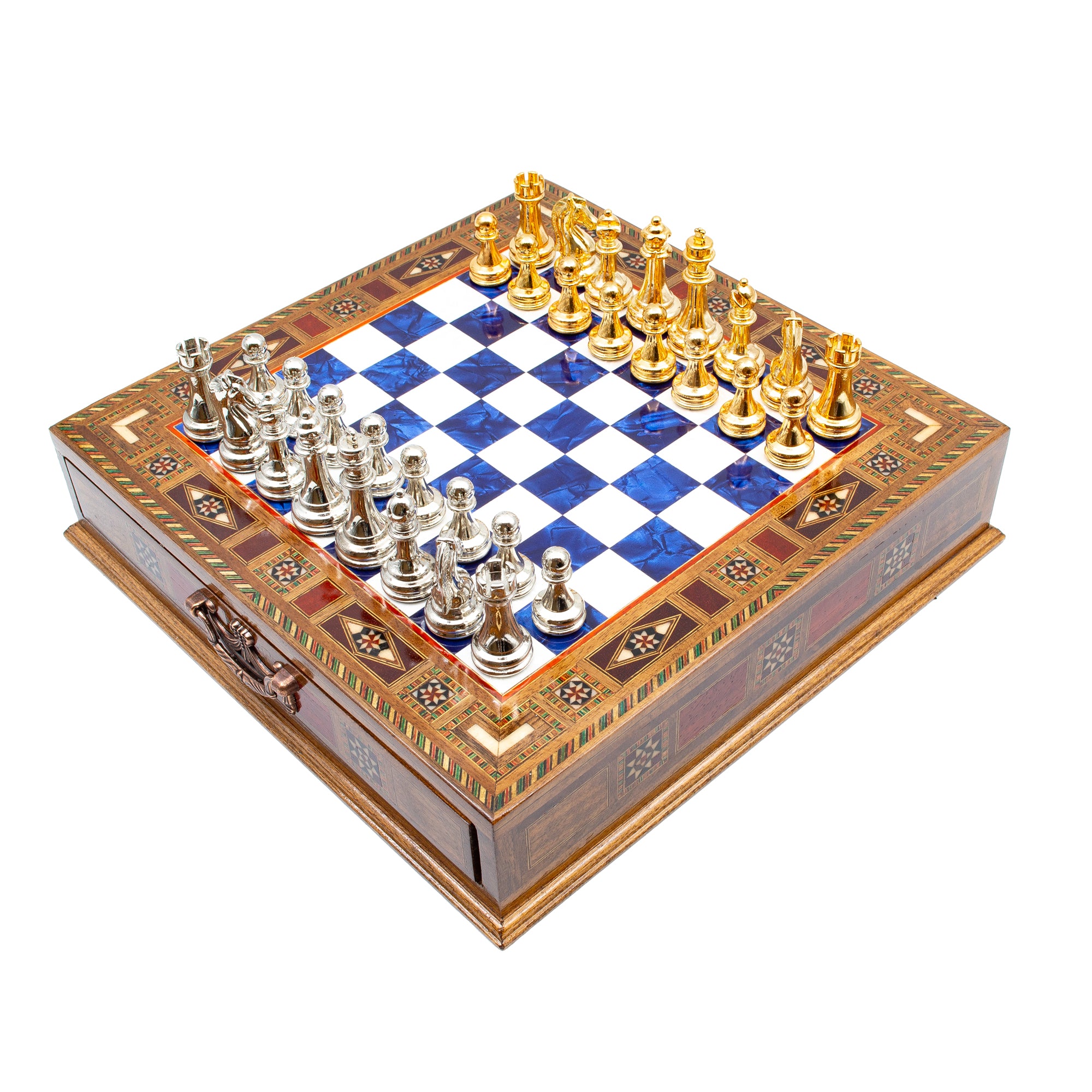 Schachspiel aus Holz mit blauem Brett und Schublade, handgefertigt – Schachatelier