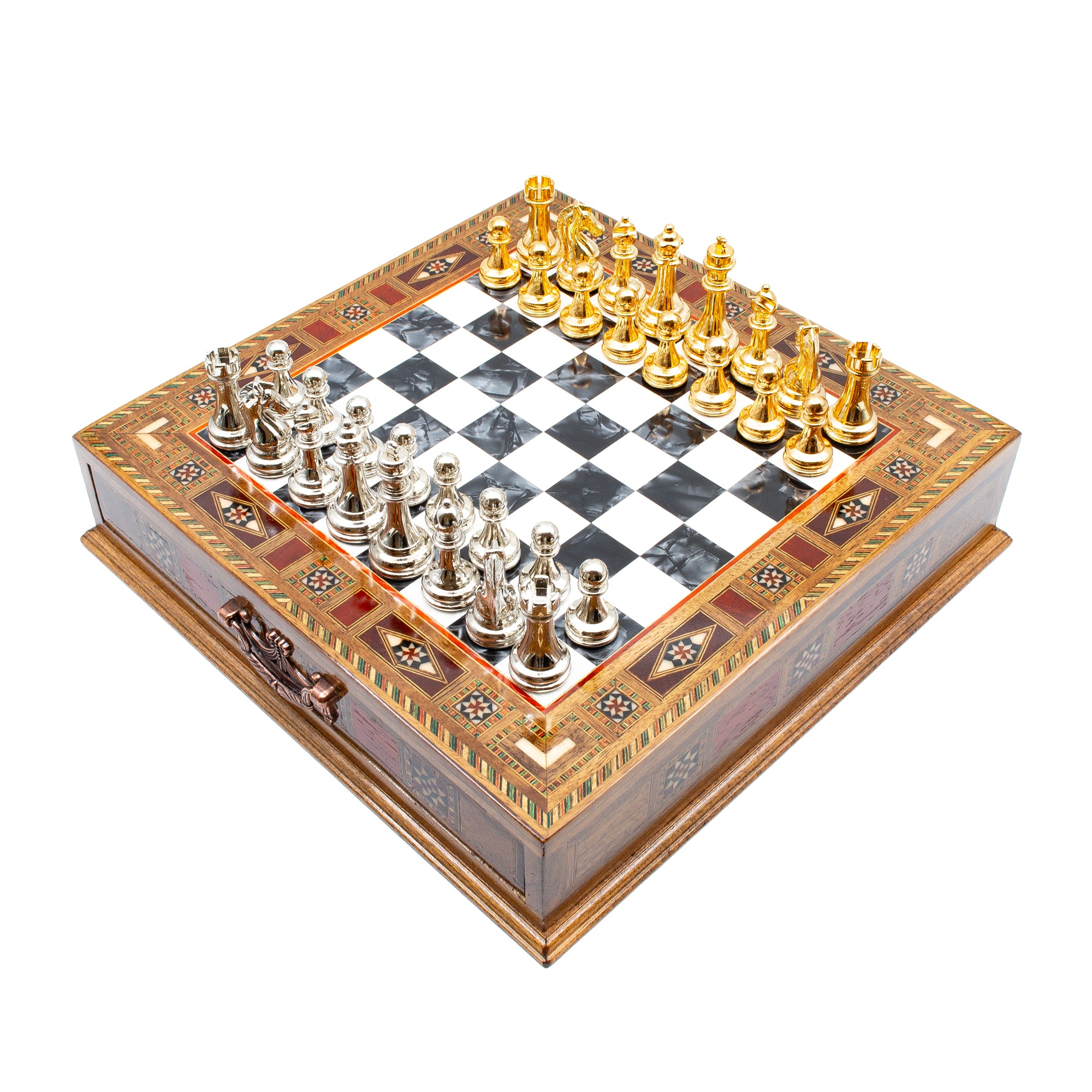 Schachspiel aus Holz mit Figurensatz in Gold und Silber – Schachatelier