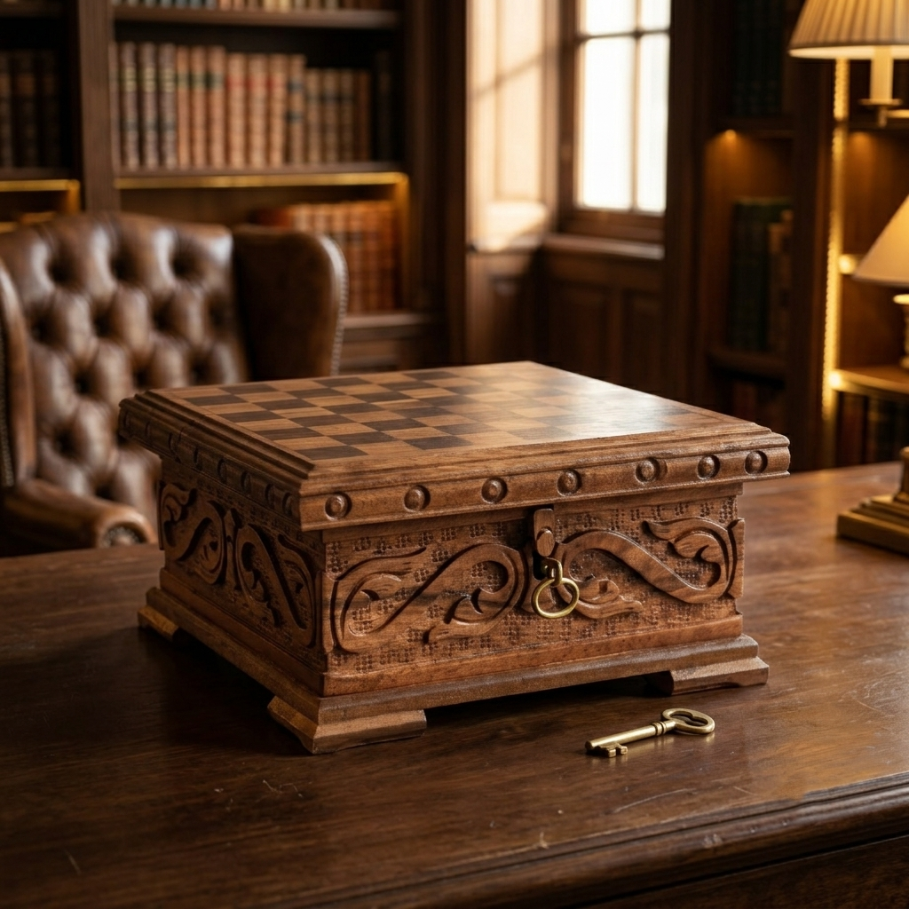Nussbaum-Schachspiel mit verstecktem Schloss auf Schreibtisch, Lifestyle-Aufnahme – Schachatelier