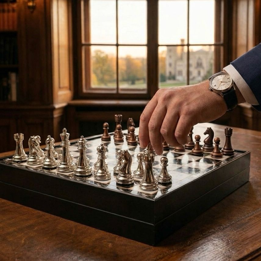 Handgefertigtes Schachspiel mit Metallfiguren in Nahaufnahme – Schachatelier