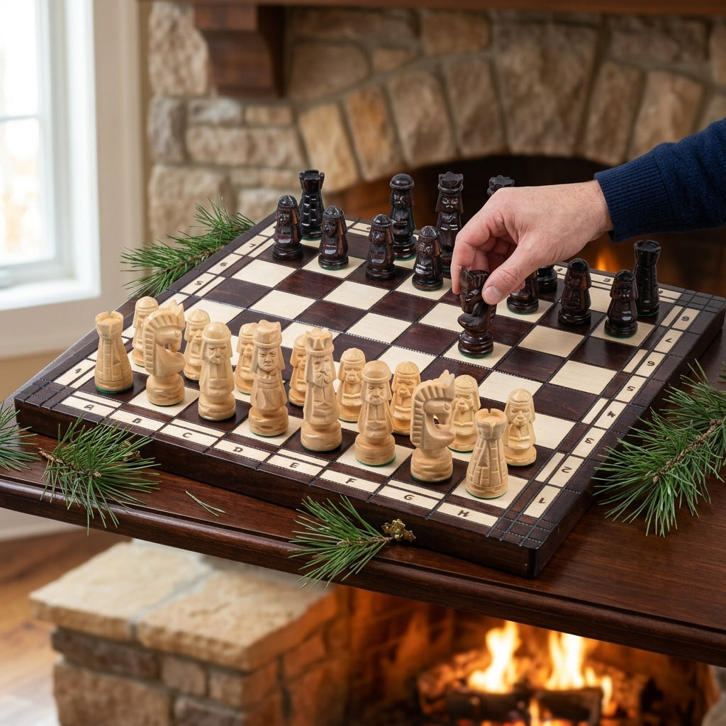 Aufgebautes Schachspiel mit großen Figuren, Detailansicht